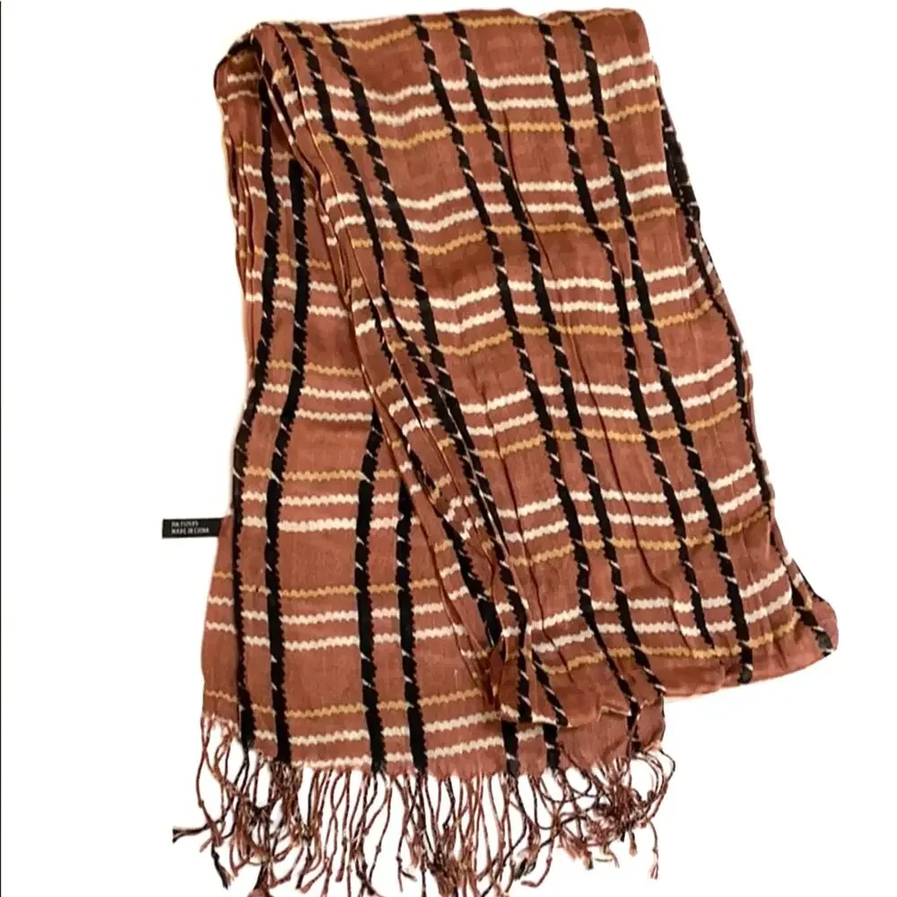 Pure cotton scarf wrap shawl dark rose cream & black plaid fringed unisex